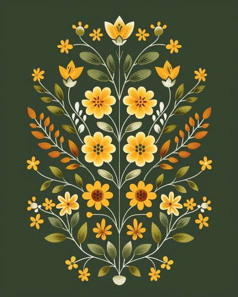 #SymmetricalOrnament #Green-yellow #MinimalFlowerLeaves #ScandinavianFolkArt #GreenBackground #4:5AspectRatio Folk Art Painting Whimsical Patterns, Symmetrical Flower Design, Polish Folk Art Flowers Painted Houses, Symmetrical Floral Design, Botanical Folk Art, Scandinavian Folk Art Flowers, Scandinavian Folk Art Patterns, Scandinavian Folk Art Swedish Style, Symmetrical Art Design