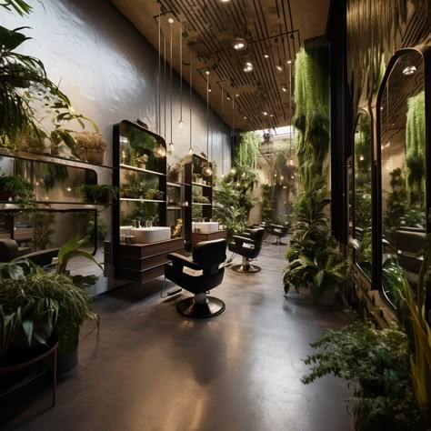 Gothic Beauty Salon, Plant Salon Decor, Dark Salon Decor, Hair Salon Booth Decor, Hair Salon With Plants, Earthy Salon Suite, Moody Hair Salon Aesthetic, Witchy Hair Salon, Dark Green Salon