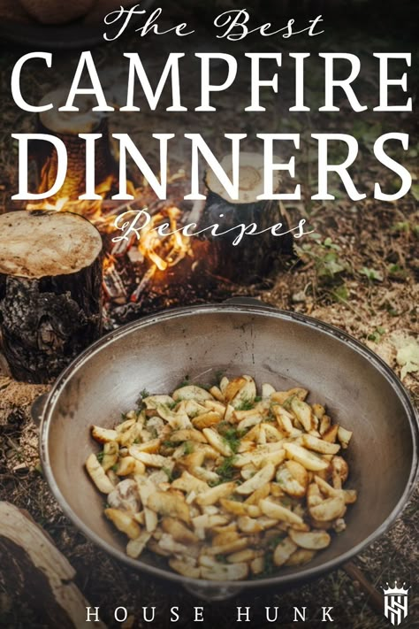 Looking for tasty campfire dinner recipes? Whether you are looking for campfire foil packets, campfire nachos, or a great chili mac recipe, you've come to the right place! Here are the best camping dinner recipes, to cook over the fire, or on the grill.  Tap to see more recipes and cooking inspiration from House Hunk + Fatherhood at Its Finest One Pan Campfire Meals, Over The Fire Dinner Ideas, Campfire Recipes Dinner, Best Campfire Recipes, Cooking Over A Fire Recipes, Cooking On A Campfire, Soups Over Campfire, Cowboy Campfire Cooking, Things To Cook Over A Campfire