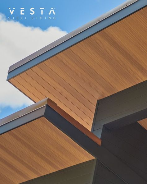 Designed to create an iconic building aesthetic that will look the same as the first day it was installed, Vesta Steel Soffit is competitive in every way to the classic and upkeep-heavy, wood shiplap. Long and narrow panels seams create a subtle reveal for a maintenance free solution that’s an investment you can count on. Soffit Ideas, Wood Cladding Exterior, Wood Ceiling Panels, Wood Shiplap, Exterior Wall Cladding, Steel Siding, Building Aesthetic, Timber Ceiling, Wood Cladding