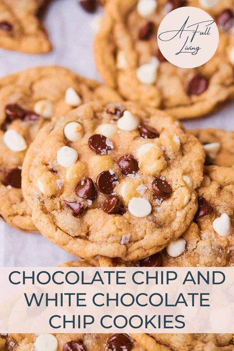 These Chocolate Chip and White Chocolate Chip Cookies are like two cookies in one! These delicious cookies are an elevated version of classic chocolate chip cookies, bursting with both semi-sweet chocolate chips and white chocolate chips. These chewy cookies have nice crispy edges, and they will definitely satisfy your sweet tooth. Chocolate Chip Cookies With White Chips, White Chocolate And Milk Chocolate Cookies, Dark And White Chocolate Chip Cookies, Chocolate Chip And White Chip Cookies, White Chocolate And Chocolate Cookies, White Chip Cookies Recipes, Milk And White Chocolate Chip Cookies, Homemade White Chocolate Chip Cookies, Vanilla Chip Cookies