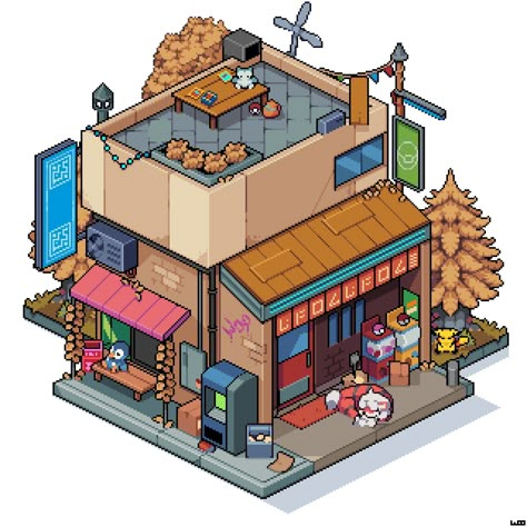 “Little isometric #pokemon scene in my style #pixelart #art” Pixel Building Art, Cute Isometric Art, Pixel Isometric Art, Isometric Art Pixel, Isometric Art Tutorials, Isometric Art House, Pixel Art Street, Pokemon Buildings, Isometric Art Illustration City