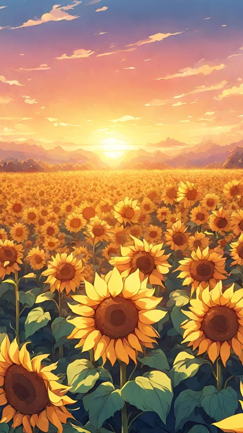 Anime Sunflower Wallpaper, Sunny Woods Aesthetic, Sunflower Anime Aesthetic, Sunflower Background Wallpapers, Sunflower Background Aesthetic, Sun Flowers Aesthetic, Sunflower Illustration Art, Sunflower Scenery, Wallpaper Backgrounds Yellow