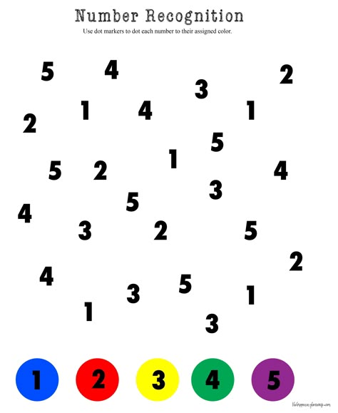 Dot Marker Numbers 1-5 Worksheet Preschool Number Recognition Worksheets, Number Identification Worksheets, Number Recognition Preschool, Number Recognition Worksheets, Kindergarten Math Worksheets Addition, Preschool Number Worksheets, Dot Marker Activities, Maths Worksheets, Handwriting Activities