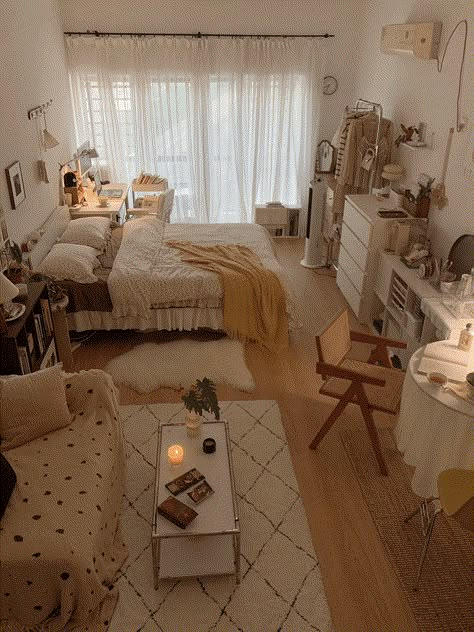 Style Bedside Table, Cozy Studio Apartment, Tiny Studio Apartments, One Room Apartment, Studio Apartment Living, After Graduation, Deco Studio, Small Apartment Design, Dream Apartment Decor