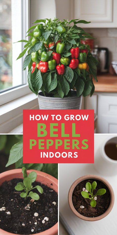 A healthy indoor bell pepper plant growing in a sunny windowsill, surrounded by gardening tools. How To Grow Veggies Indoors, Vegetables You Can Grow Indoors, Foods You Can Grow Indoors, Growing Bell Peppers Indoors, Grow Peppers Indoors, Grow Veggies Indoors, Indoor Gardening For Beginners, Bell Pepper Growing Tips, Indoor Planting Vegetables