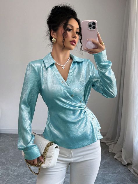 Women's Blue Asymmetrical Lapel Design V-Neck Waist Cinch Long Sleeve Shirt Blue Elegant  Long Sleeve Fabric Plain Top Non-Stretch  Women Clothing, size features are:Bust: ,Length: ,Sleeve Length: Women Clothing, Length Sleeve, Sleeve Length