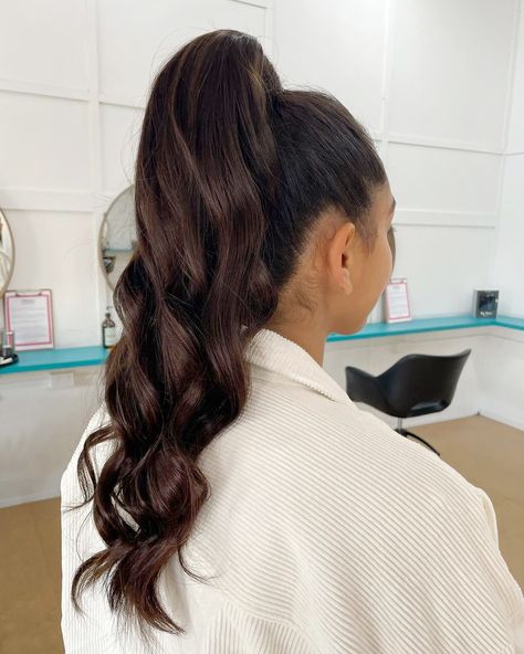 clip-in ponytail, ponytail, pony, pony goals, brunette, Zala hair extensions, hair extensions, long hair, length, hairstyle, curls, updo Ponytail With Curls In The Back, Curls Hair Updos, High Pony With Waves, High Pony Curled Hair, High Ponytail Hairstyles With Curls, High Wavy Ponytail Hairstyles, Slick Back Pony With Curls, High Ponytail Wavy Hair, Ponytail With Curls At The End