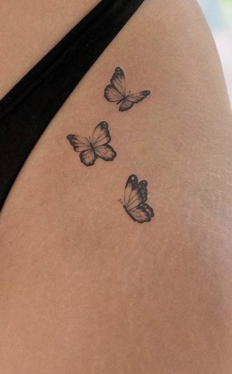 Butterfly Tattoo Pelvis, Tattoo Inspo Women Aesthetic, Butterfly Tattoo On The Hip, Small Tattoo Hidden Placement, Pelvis Butterfly Tattoo, Butterflies On Hip Tattoo, Butterfly Tattoo Shading, Medium Hip Tattoo, Butterflies Hip Tattoo