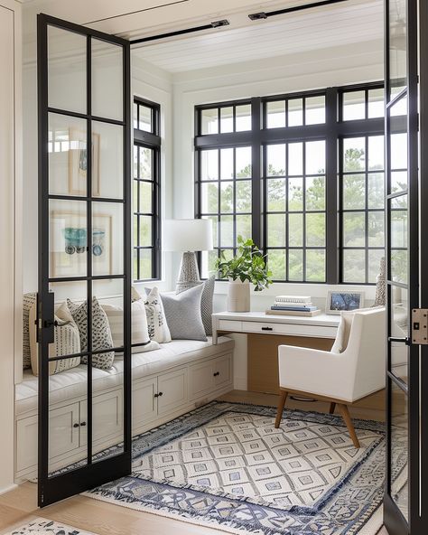 Sharing a little home office inspo today 😍 Can you see yourself working here?  AI Design: @socialnectarco Sunroom Ideas Office, Large Multipurpose Room, Enclosed Porch Office, Office Sunroom Combo, Home Office Sunroom, Home Office Addition, 4 Season Room Addition, Enclosed Office Space, Office Sunroom