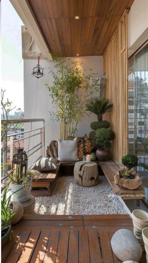 Long Balcony Ideas, Apartment Porch Ideas, Japanese Balcony, Long Balcony, Zen Balcony, Small Apartment Balcony Ideas, Big Balcony, Balkon Decor, Small Balcony Garden