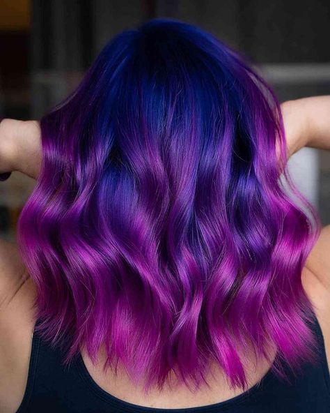 Were you looking for the eye-catching blue and purple hair for a modern style? This dark purple and bright blue with dark roots is a fresh hair color idea you can show to your stylist. Look through our collection and find the one that suits your taste. // Photo Credit: @curtiscolorshair on Instagram Purple And Blue Hair, Galaxy Hair Color, Blue And Purple Hair, Blue Purple Hair, Blue And Pink Hair, Pink Purple Hair, Pink Ombre Hair, Purple Ombre Hair, Light Blue Hair