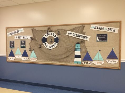 Nautical Bulletin Board All Hands On Deck Bulletin Board, Nautical Bulletin Boards Back To School, Lake Bulletin Board Ideas, Nautical Theme Bulletin Board, Nautical Classroom Door Ideas, Starfish Bulletin Board Ideas, Sailing Bulletin Board Ideas, Nautical Bulletin Board Ideas, Coastal Theme Classroom