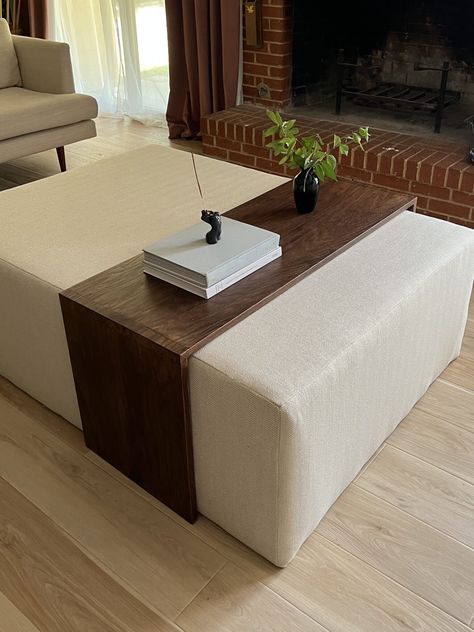 DIY Coffee Table Ottoman - findmaggiemay.com Diy Fabric Ottoman Coffee Table, Coffee Table With Poufs Under, Ottoman Overlay Table, Ottoman With Coffee Table, Diy Upholstered Cube Ottoman, Upholstered Ottoman Diy, Ottoman With Wood Overlay, Large Fabric Ottoman, Make Ottoman Diy