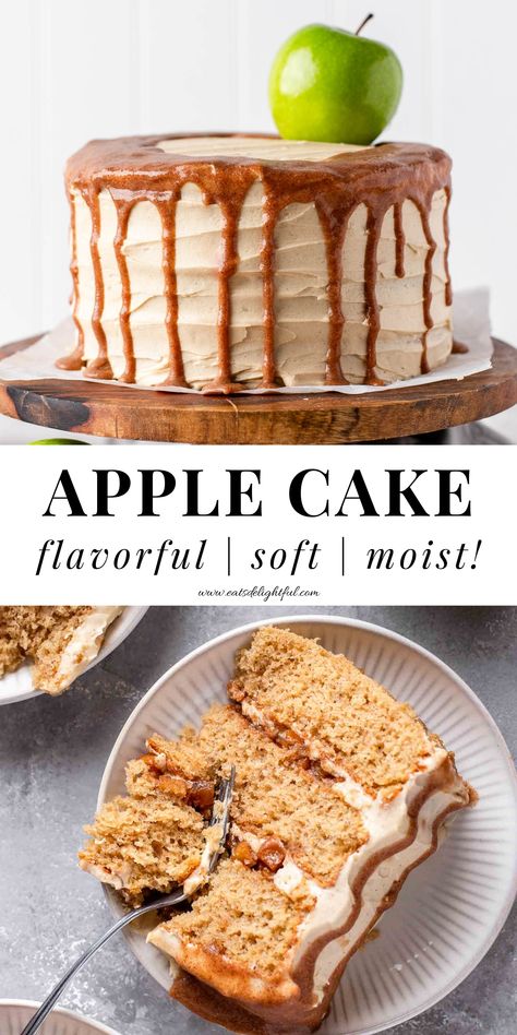 2 stacked images of apple cake: top image of apple cake on cake stand and bottom image of cake slice in plate Apple Pie Layer Cake, 6 Inch Apple Cake, Vanilla Cake With Apple Filling, Apple Cinnamon Birthday Cake, Apple And Caramel Cake, Fresh Apple Layer Cake Recipe, Apple Cake With Maple Frosting, The Best Apple Cake, Brown Sugar Apple Cake