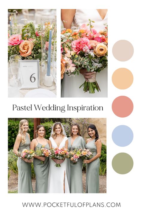 Pastel wedding colors at Pasadera Desert Pastel Wedding Colors, Sage And Pastel Wedding, Summer Wedding Colors Pastel, Soft Pastel Wedding Colors, Pastel Wedding Attire, Pastel Wedding Theme Color Schemes Bridesmaid Dresses, Forest Spring Wedding, Light Fall Wedding Colors, Earth Tone Pastel Wedding