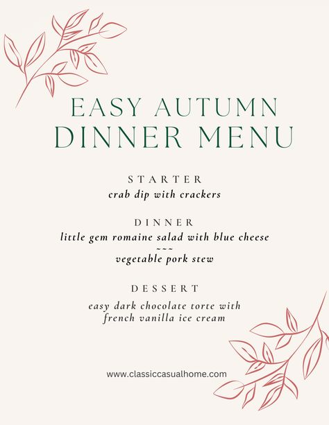 Easy Make Ahead Dinner Party Menu Ideas, Simple Dinner Menu Ideas, Fall Menu Ideas Dinner Parties, Autumnal Dinner, Fall Dinner Menu, Autumn Entertaining, Easy Fall Dinner, Beach Autumn, Soup Bar