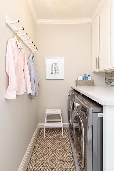 Long and Narrow Laundry Room with Diamond Jute Rug - Transitional - Laundry Room Small Space Laundry Room, Small Space Laundry, Narrow Laundry Room Ideas, Diamond Jute Rug, Transitional Bathroom Design, Narrow Laundry, Transitional Laundry Room, Small Utility Room, Grey Laundry Rooms