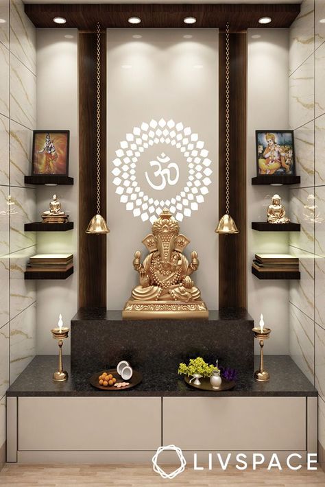 Pooja Room Vastu | 12 Tips to Fix Doshas With Mandir Direction at Home Pooja Room Tiles Design, Pooja Room Ideas Indian, Pooja Door Design, Indian Room, Indian Room Decor, Temple Design For Home, Hall Interior Design, Pooja Room Door Design, Pooja Room Design