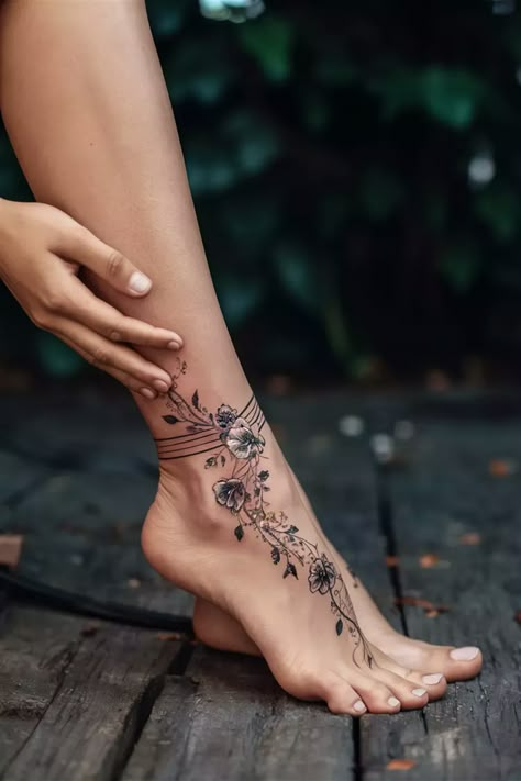 Ankle Tattoo Ideas Female, Ankle To Foot Tattoos For Women, Delicate Foot Tattoos For Women, Women’s Ankle Tattoo, Dragon Ankle Tattoo Wrap Around, Pretty Ankle Tattoos For Women, Be Where Your Feet Are Tattoo, Ankle Tatoos Woman, Feminine Forearm Tattoos For Women