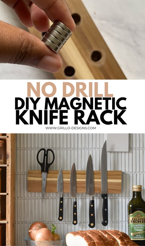 How to make a wooden DIY magnetic knife rack and attach to your kitchen tiles without having to drill into the walls. Diy Wooden Magnetic Knife Holder, Wood Magnetic Knife Holder, Knife Rack Diy, Magnetic Knives Holder, Kitchen Knife Holder Diy, Knife Wall Magnet, Wooden Magnetic Knife Holder, Wall Mounted Knife Holder, How To Make A Magnetic Knife Holder