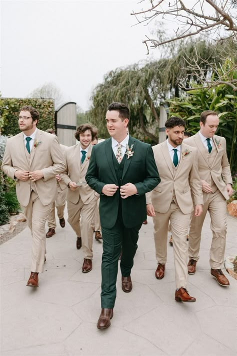 Tan Groomsmen, Tan Suit Wedding, Forest Green Wedding, Green Wedding Suit, Olive Green Weddings, Wedding Groomsmen Attire, Tan Wedding, Mens Wedding Suits, Groom Wedding Attire