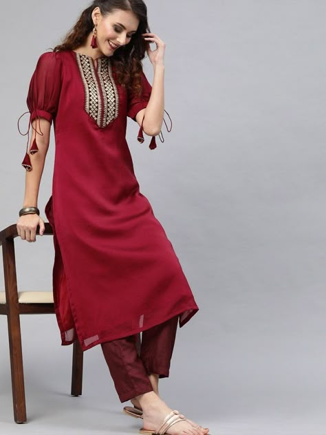 Maroon Silk blend Embroidered Kurta Pant Set - inddus-us Kurta Pant Set, Kurta Set, Pant Set, Puff Sleeves, Slip On, Trousers, Silk, Design