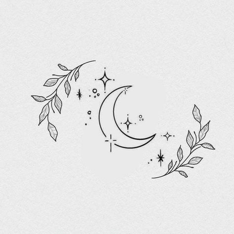 Realistic Crystal Tattoo, Moon Plant Tattoo, Moon And Stars Tattoo Designs For Women, Dark Astethic Tattoos, Celestial Sleeve Tattoos For Women, Aphrodite Tattoo Simple, Celestial Henna, Easy Moon Drawing, Moon Tattoo Wrist