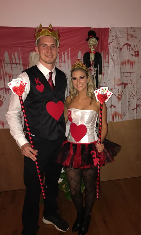 King and Queen of hearts Halloween costume Card Suits Costume, King Of Hearts Diy Costume, King And Queen Of Hearts Costume Couple, Card Queen Costume, King Of Spades Costume, Queen Of Hearts Card Costume, King Of Hearts Costume Diy, Prom King And Queen Costume, Queen Of Diamonds Costume