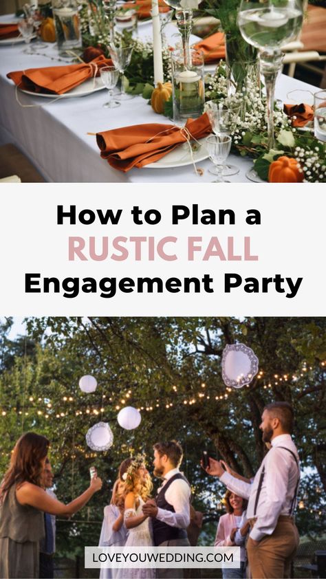 Fall Themed Engagement Party, Party Decorations Centerpieces, Fall Engagement Party, Engagement Party Dinner, Rustic Engagement Party, Themed Engagement Party, Outdoor Engagement Party, Fall Engagement Parties, Wedding Music Playlist