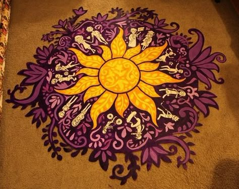 Tangled floor mural... Tangled Bedroom Aesthetic, Tangled Themed Parking Spots, Mural Art Ideas Inspiration, Rupunzle Paintings, Tangled Inspired Painting, Tangled Themed Painting, Rapunzel Themed Painting, Repunzal Tangled Aesthetic Painting, Tangled Mural