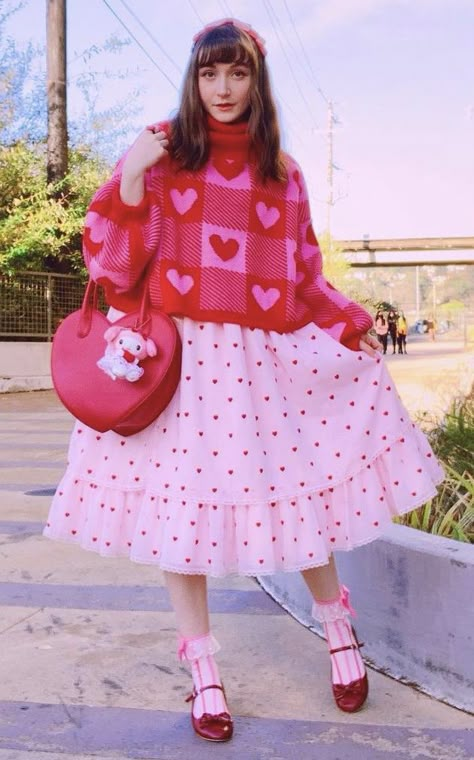 Heart Aesthetic Outfit, Cute Heart Outfits, Gogo Boots Outfit Modern, Heart Clothing Aesthetic, Hearts Outfit, Pink Heart Outfit, Love Core Clothes, Cute Quirky Outfits, Lovecore Dress