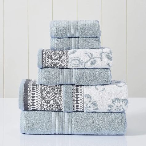 Modern Threads 6 Piece Set, 2 Bath Towels, 2 Hand Towels, 2 Washcloths Yarn Dyed Jacquard/Solid Towel Set Ophelia Blue Shades Of Light Blue, The Other Half, Cotton Bath Towels, Bath Sheets, Other Half, Jacquard Pattern, Bath Towel Sets, Cotton Towels, Yarn Dyeing