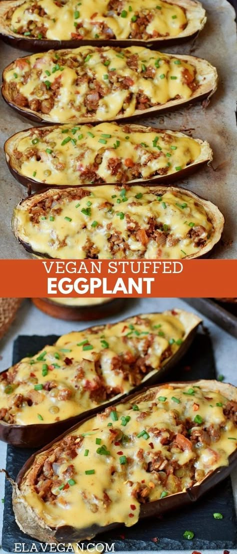 Stuffed baked eggplant with lentils and vegan cheese! This is a simple weeknight dinner, side dish or entrée which contains wholesome ingredients. The recipe is meat-free, plant-based, low-carb, and easy to make! #veganstuffedeggplant #stuffedeggplant #bakedeggplant #aubergines #vegandinner #elasrecipes | elavegan.com Aubergine Recipe, Vegan Eggplant, Stuffed Eggplant, Baked Eggplant, Dinner Side, Vegan Main Dishes, Lentil Recipes, Eggplant Recipes, Vegan Meal