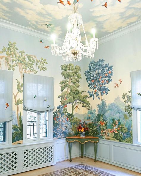 Mural On Bathroom Wall, Room Mural Ideas Aesthetic, Dining Room Mural Wallpaper, Wall Murals Aesthetic, Bedroom With Mural, Hand Painted Murals For Home, French Wall Panels, Wallpaper Nook, Wallpapered Rooms