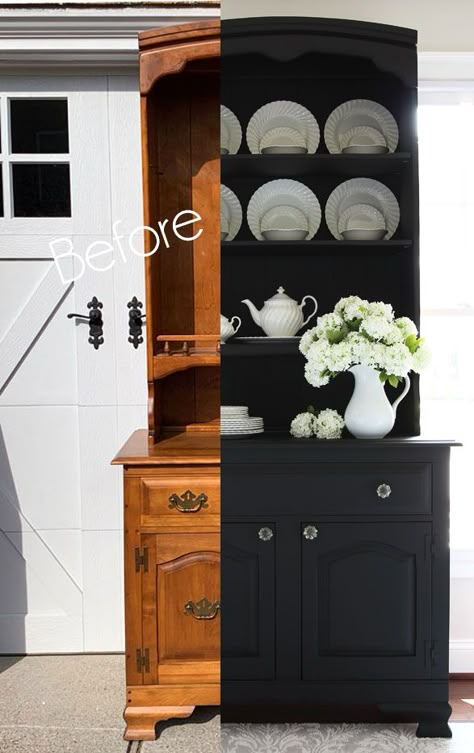 Black Wallpaper In Kitchen, Refinished Hutch Ideas, Black Hutch Makeover, Black Farmhouse Hutch, Old Hutch Makeover Ideas, Vintage Hutch Makeover, Farmhouse Hutch Makeover, Black China Cabinet, Black Hutch