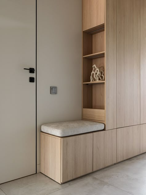 Shilova Studio /apartment :: Behance Muji Entryway, Entryway Japanese, Japanese Interior Entrance, Japandi Hallway Storage, Japandi Cabinet, Japanese Shoe Storage Entrance, Japandi Foyer, Entrance Apartment, Japandi Apartment