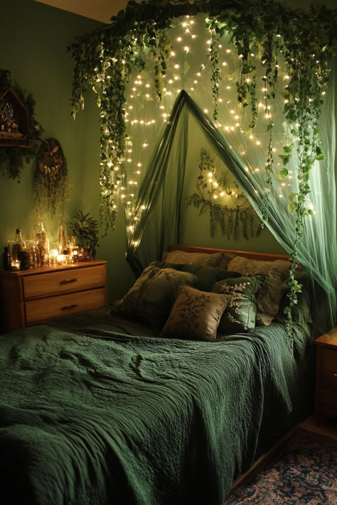 Transform your bedroom into a mystical haven with these 30+ witchy ideas. Blend magic and modern style with enchanting decor, from moon-themed accents to crystal displays. Create your own magical retreat! 🌟🔮 #WitchyBedroom #MagicalDecor #ModernWitch #HomeStyle Forest Bedroom, Home Designs Exterior, Bedroom Vibes, Dream Bedroom Inspiration, Green Bedroom, Home Vibes, Cozy Room Decor, Dreamy Room, Green Rooms