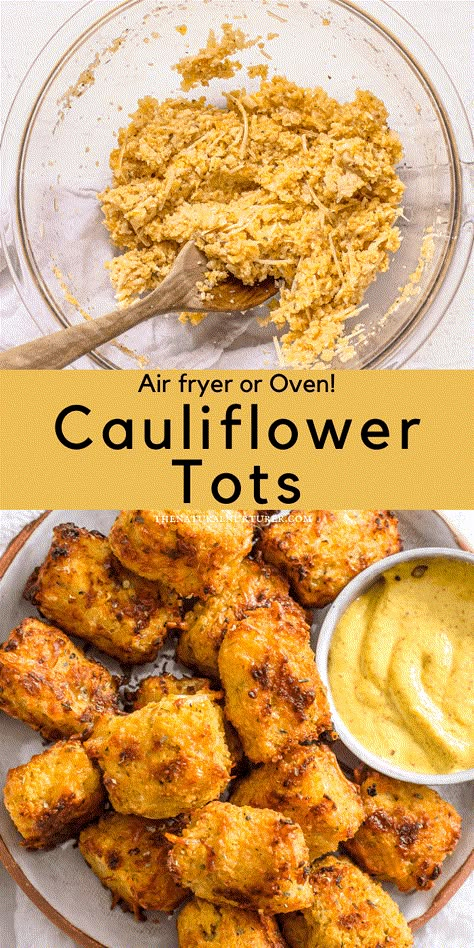 Cauliflower Tots are delicious and easy! Made from riced cauliflower, cheese, and bread crumbs---you can cook them in your air fryer or oven! Easily made gluten free. #veggieloaded #vegetarian #veggieside Freezer Cauliflower Recipes, Veggie Tots Air Fryer, Cauliflower Tots Air Fryer, Cauliflower Air Fryer, Cauliflower With Cheese, Vegetarian Cauliflower Recipes, Cauliflower Tater Tots, Tot Recipes, Healthy Spring Rolls