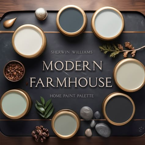 Sherwin Williams Modern Farmhouse, Farmhouse Paint Palette, Whole House Color Scheme, Brown Furniture Living Room, Exterior House Colors With Brown Roof, Exterior House Colors Ranch Style, Home Paint Colors, Exterior House Colors Combinations, Mughal Art Paintings