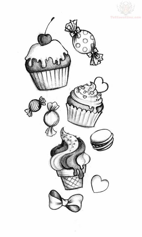 Ice Cream Tattoo, Candy Tattoo, Cupcake Tattoos, Candy Drawing, Cupcake Drawing, Fancy Writing, Ice Crea, Kunst Tattoos, Sweet Tattoos