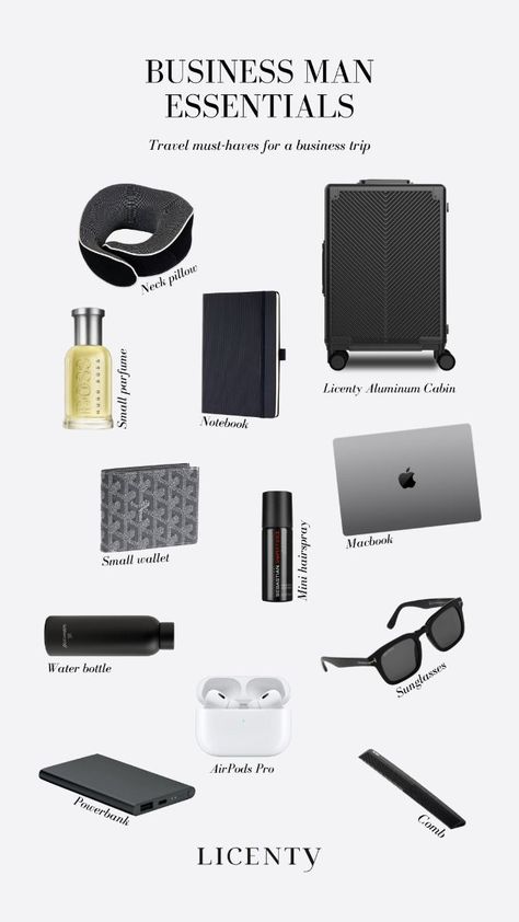 Licenty Business Man Travel Essentials - Elevate Your Business Trip Men's Vision Board, Men Essentials Man Stuff, Luggage Essentials, Men Travel Essentials, Young Men Haircuts, Man Travel, Classic Life, Gadgets For Men, Guys Grooming