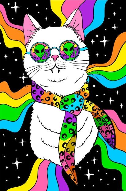 Psychedelic groovy white cat in sunglass... | Premium Vector #Freepik #vector #groovy #trippy #70s #hippie Money Lover, Cat In Sunglasses, Bedroom Art Painting, Trippy Cat, Groovy Aesthetic, Trippy Patterns, Trippy Drawings, Future Wallpaper, Retro Space