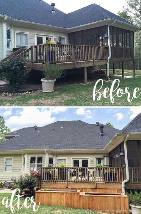 Backyard Makeover On A Budget, Deck And Patio, Large Backyard Landscaping, Raised Vegetable Gardens, Back Porches, Building A Porch, Porch Deck, Backyard Porch, Large Backyard