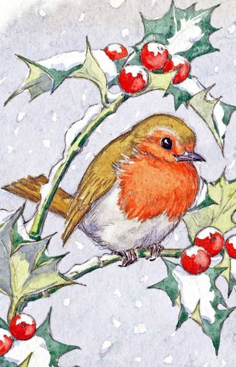 Christmas Scene Drawing, Robin Drawing, Painted Christmas Cards, Christmas Robin, Christmas Drawings, Scene Drawing, Holly Branch, Christmas Card Art, Watercolor Christmas Cards