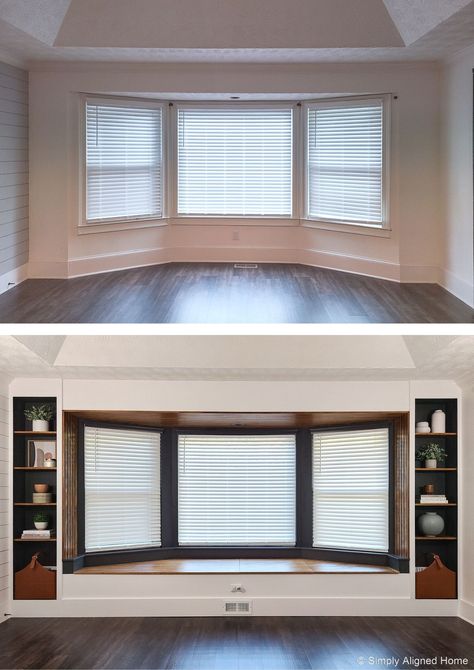 HOW TO BUILD A MODERN BAY WINDOW BENCH WITH STORAGE - PART II Built Ins Around A Window, Small Bay Window Ideas, Living Room Window Ideas, Window Bench With Storage, Window Bench Ideas, Bay Window Bench, Modern Bay Window, Duplex Interior, Bay Window Bedroom