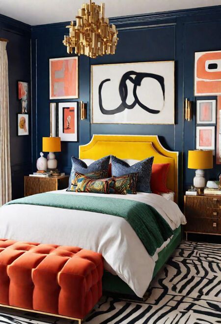 How to Lighten a Room with Dark Walls.  How to lighten a dark room.  How to make a dark room more light. How to make a dark room more cheerful. How to make a dark room brighter. How to make a dark room look bigger.  vibrant bedroom with black walls. Black and white rug. yellow bed. orange ottoman. Colorful bedroom inspo. Yellow Headboard, Black Bedroom Design, Black Rooms, Black Bedroom Furniture, Dark Bedroom, Eclectic Bedroom, Yellow Bedroom, Black Bedroom, Bedroom Black