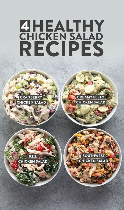 We're cooking up 4 delicious healthy chicken salad recipes, which are all made from a yogurt base and are excellent for meal prep. From southwest chicken salad to cranberry chicken salad, you are going to love all 4 of these delicious recipes! #chickensalad #healthy #salad #chickenrecipes #recipe #mealprep Chicken Salad Recipe Variations, Healthy Chicken Salad Sandwich Recipe, Chicken And Bean Salad, Chicken Salad Flavors, Pesto Chicken Salad Recipe, Chicken Bean Salad, Chicken Salad Variations, Healthy Chicken Salad Recipes, Meal Prep Chicken Salad