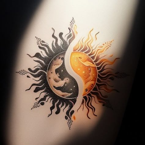 Polarity Tattoo, Two Suns Tattoo, Sun Tattoo With Color, Sun And Moon Ying Yang Tattoo, Moon Sun And Stars Tattoo, Cool Sun Tattoos, Moon And Sun Tattoo Designs, Sun And Moon Couple Tattoo, Tattoo Ideas Sun And Moon