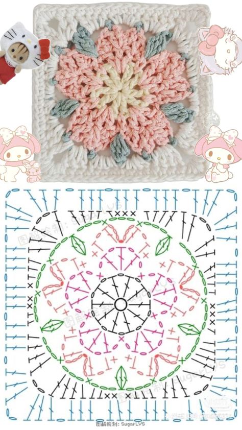 Crochet Flower Granny Square, Crochet Stitches Chart, Flower Granny Square, Granny Square Crochet Patterns Free, Crochet Stitches Guide, Crochet Tutorial Pattern, Pola Amigurumi, Crochet Motif Patterns, Square Crochet Pattern